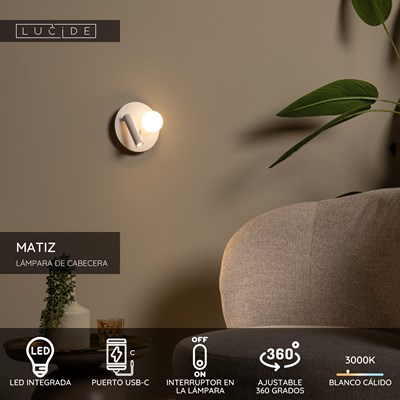 Lucide MATIZ - Lámpara de cabecera / Lámpara de pared - Ø 16,5 cm - LED - 3000K - Con punto de carga USB - Blanco